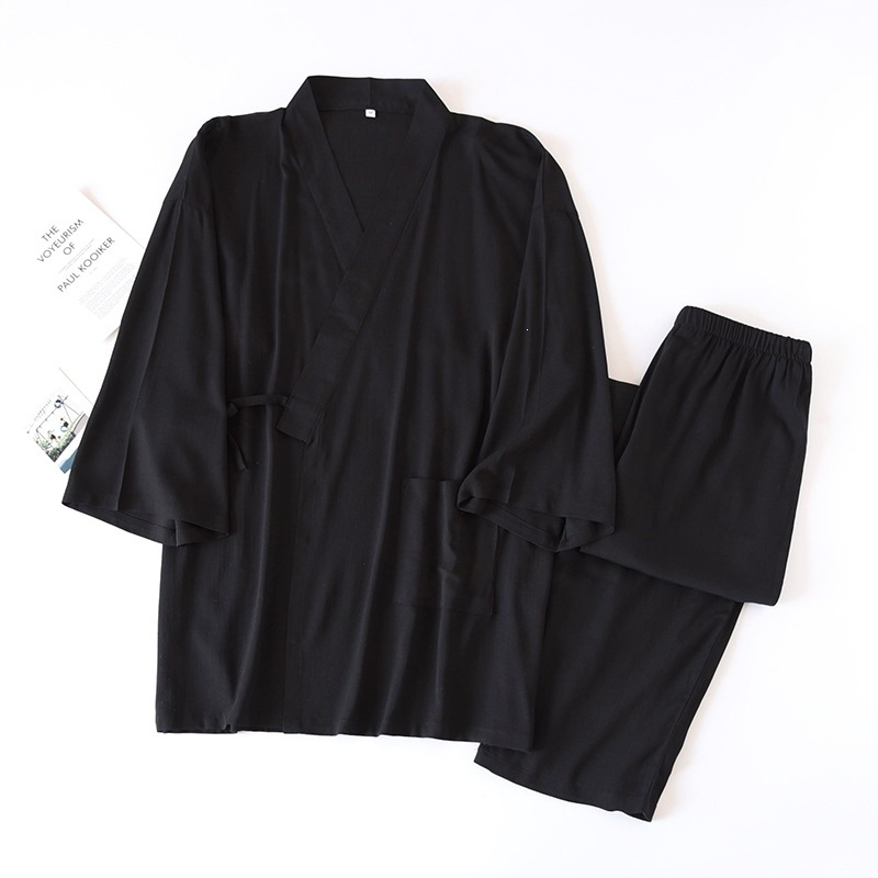 Japanese-style Solid-color Mens Kimono Pajamas, Cotton-linen Drawstring Homewear Set photo 7