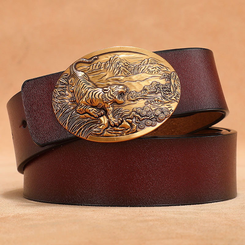 Vintage Men's Genuine Leather Extra-Large Smooth-Button Denim Jeans Belt photo 3