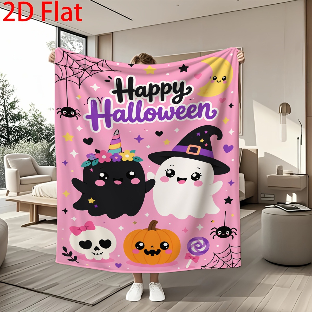 Flannel Blanket Halloween Cute Cat Pumpkin Design Party Decorative Blanket photo 5