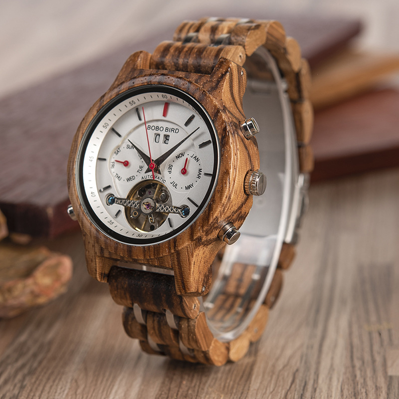 Business Flywheel Mechanical Multi-function Wooden Watch photo 1