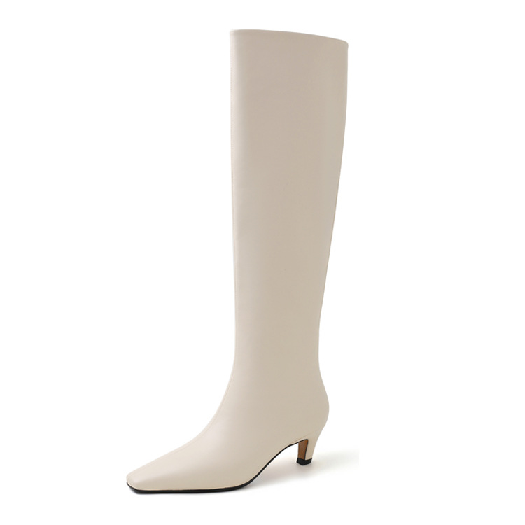French Minimalist-style Square-toe Kitten-heel Over-the-knee Straight-leg Leather Booties photo 8
