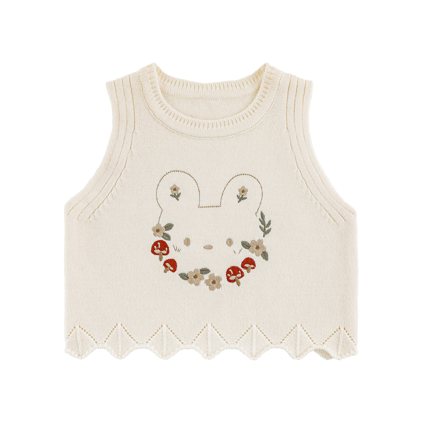 Girl's Ruffled-edged Bear And Floral Embroidered Vest With Lace Denim Jeans photo 5