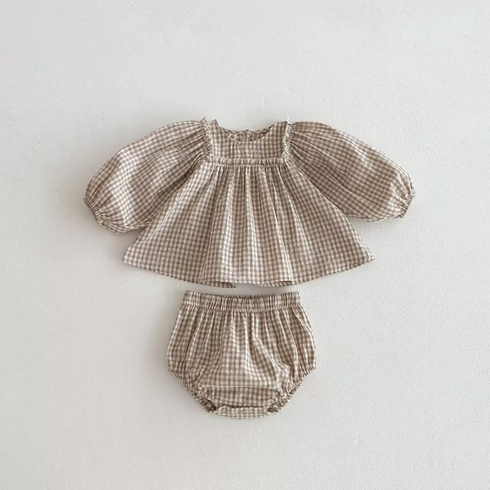 Embroidered Plaid Baby Girl Bloomers Set Cotton photo 3