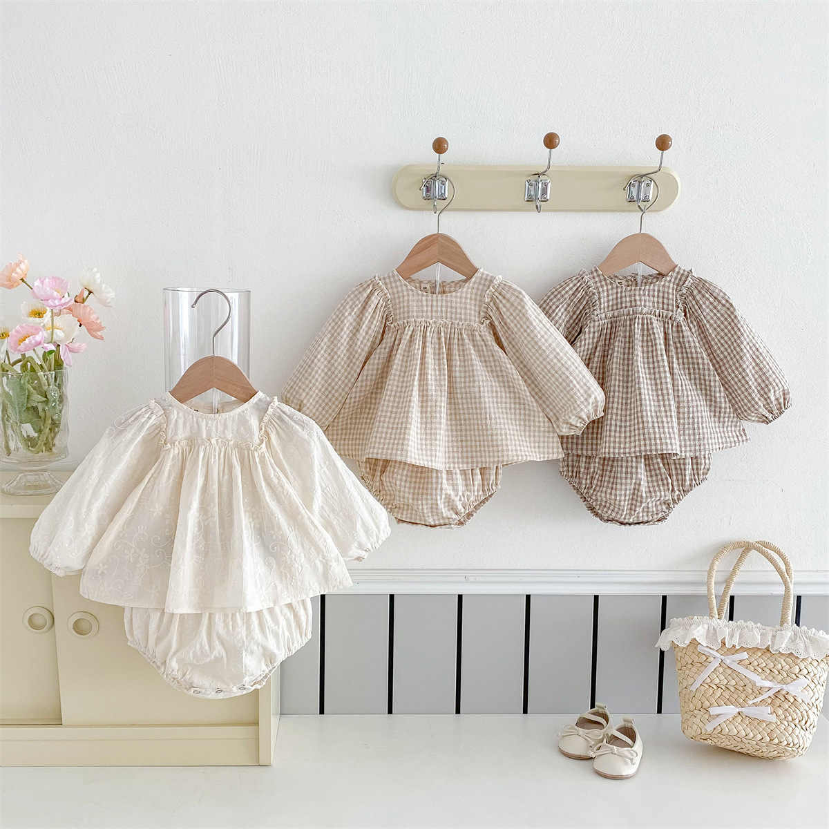 Embroidered Plaid Baby Girl Bloomers Set Cotton photo 1