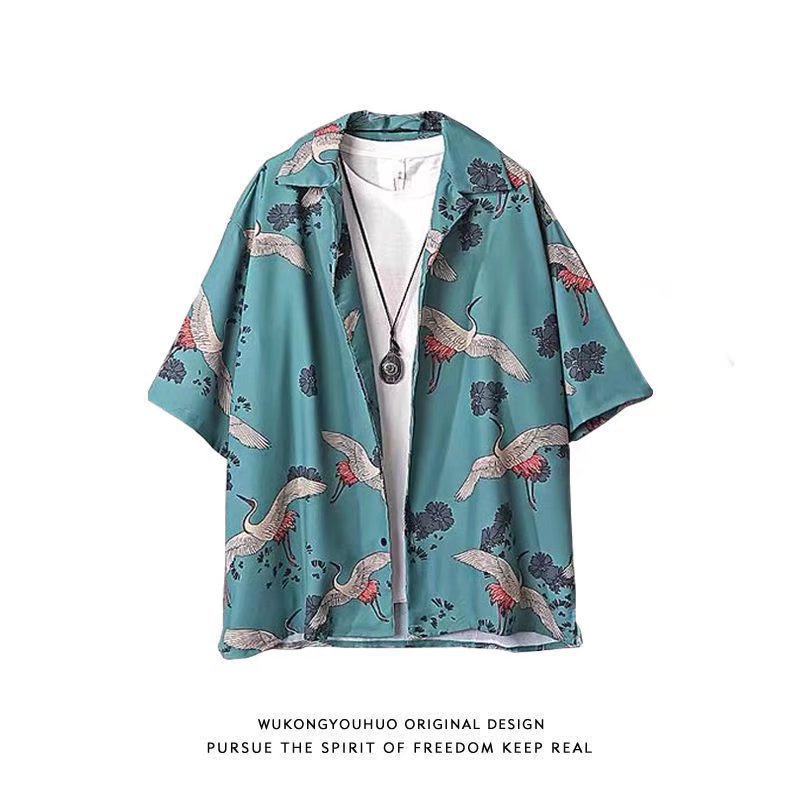 Men's Short-sleeve Shirt Summer Chinese-style Trendy Crane-printed Oversized Beach Shirt For Couples photo 5