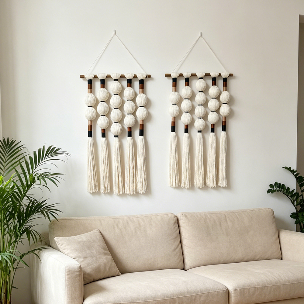 Handmade Bohemian Macrame Wall Hanging With Round Ball Tassels - Woven Tapestry Decor For Home Hotel Background photo 2