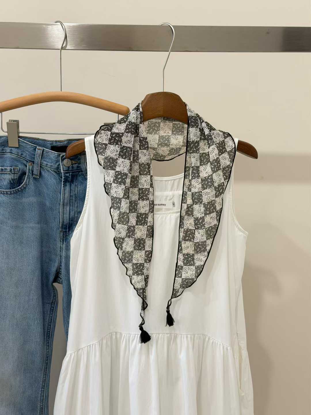 Lightweight Floral Plaid Tassel Triangle Scarf photo 3