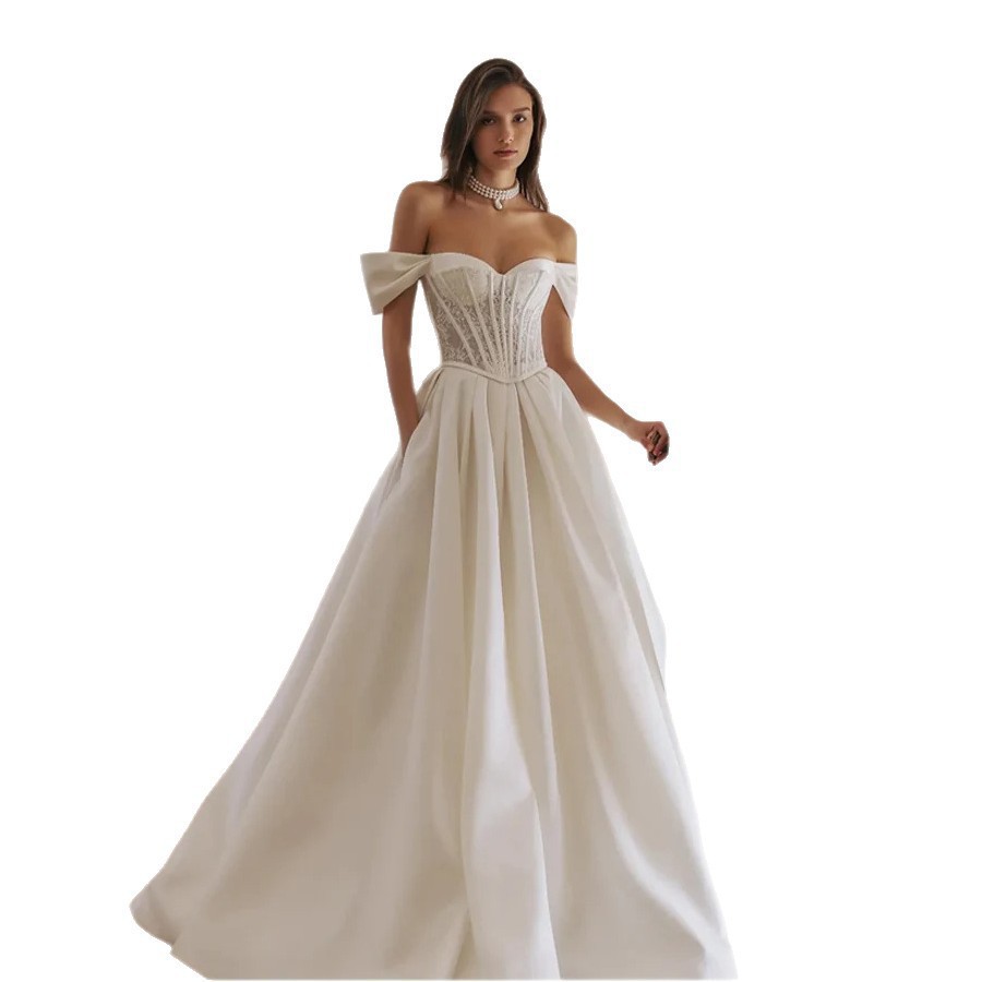 European And American Off-the-shoulder Satin Wedding Dress With Lace For Weddings photo 3