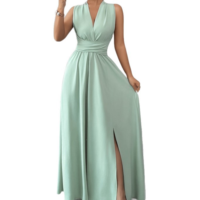 Elegant Solid-Color V-Neck Bow Long Dress For Women photo 6