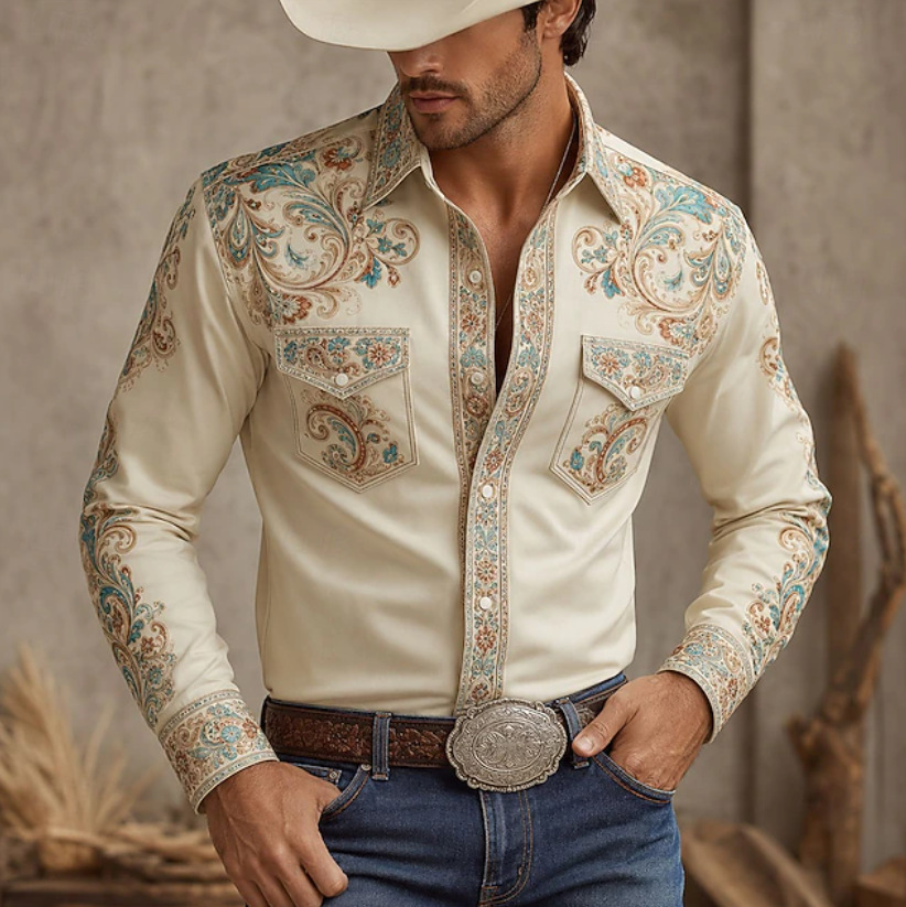 Western Cowboy Style Men's Spring And Autumn Long Sleeve Shirt Stand Collar Shirt photo 1