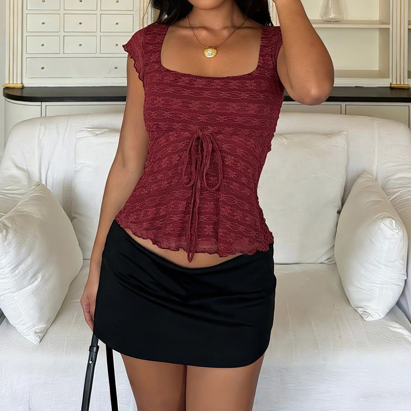 Women's Red Wood Ear Lace-Trimmed Square-Neck Sleeveless Top photo 3