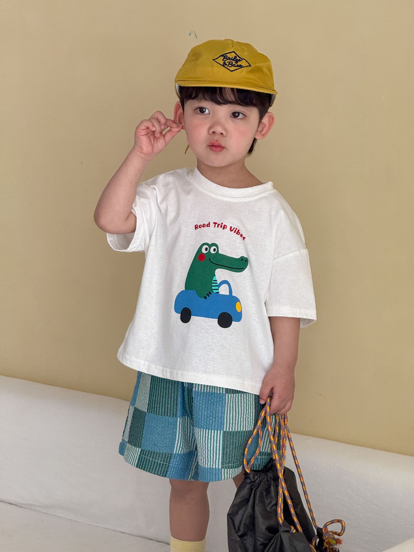 Childrens Short-sleeve Plaid Dress Set photo 7