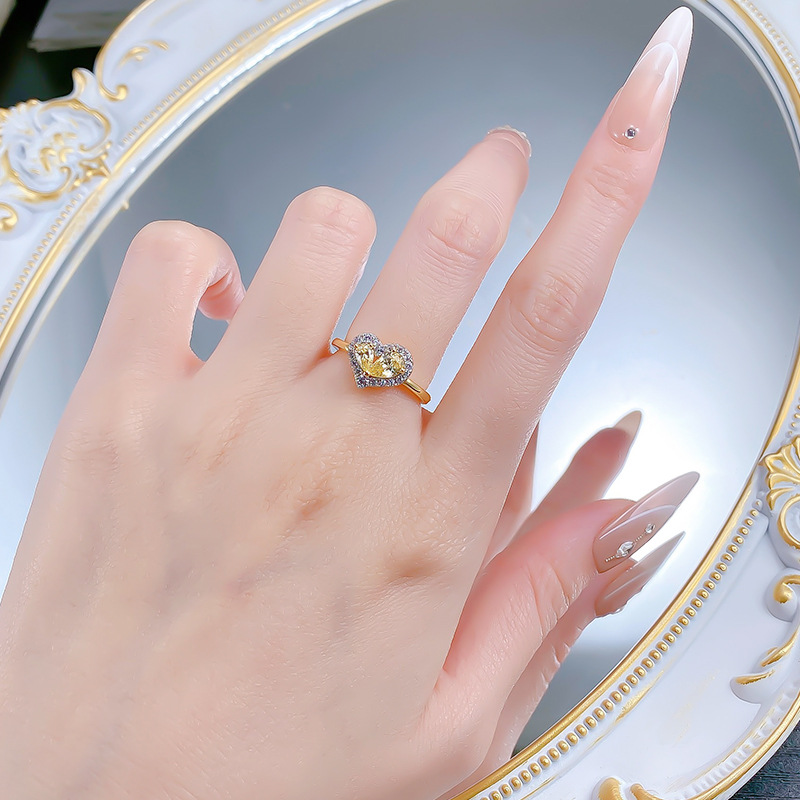 S925 Silver Pear-shaped Yellow Diamond Heart-shaped Ring For Women photo 5