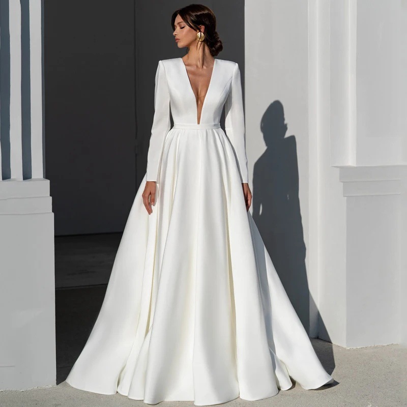 Simple Deep-V Long-sleeve Satin Bridal Gown Elegant Cathedral Train Luxurious Quality photo 2