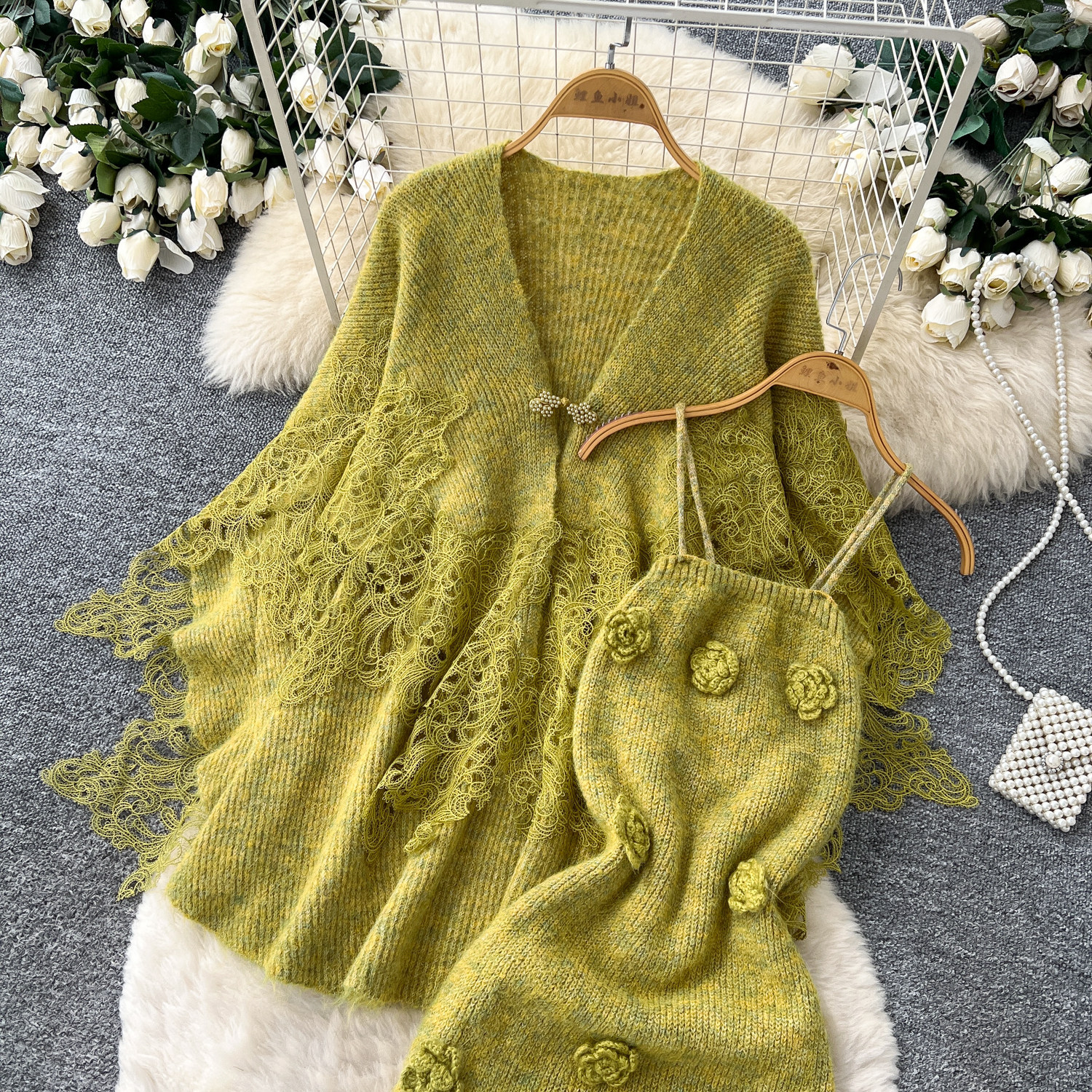 Lace-panel Cardigan And Camisole Dress Set With Three-dimensional Floral Accents photo 5