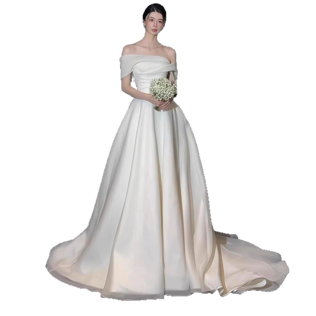 Elegant Satin Off-shoulder Light Wedding Dress Simple And Sophisticated photo 4