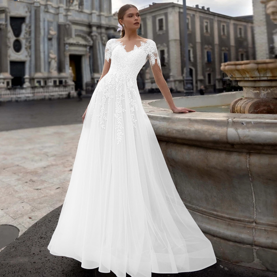 Lace Sheer Tulle A line Wedding Gown With A Short Train, Exuding Elegance For The Bride photo 3