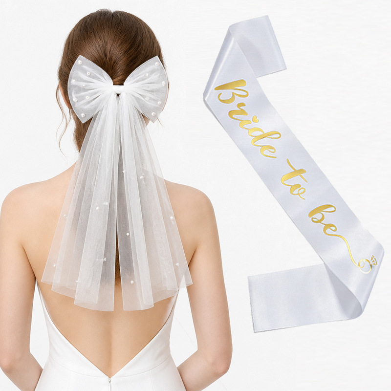 Bridal Veil With Pearl Bow Hair Clip And Gold-stamped Sash Set For Bachelorette Parties photo 3