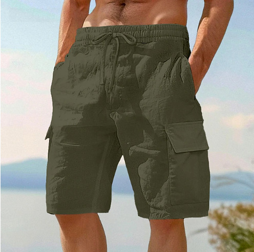 Beach Shorts With Elastic Waist Drawstring Multiple Pockets Solid Color photo 7