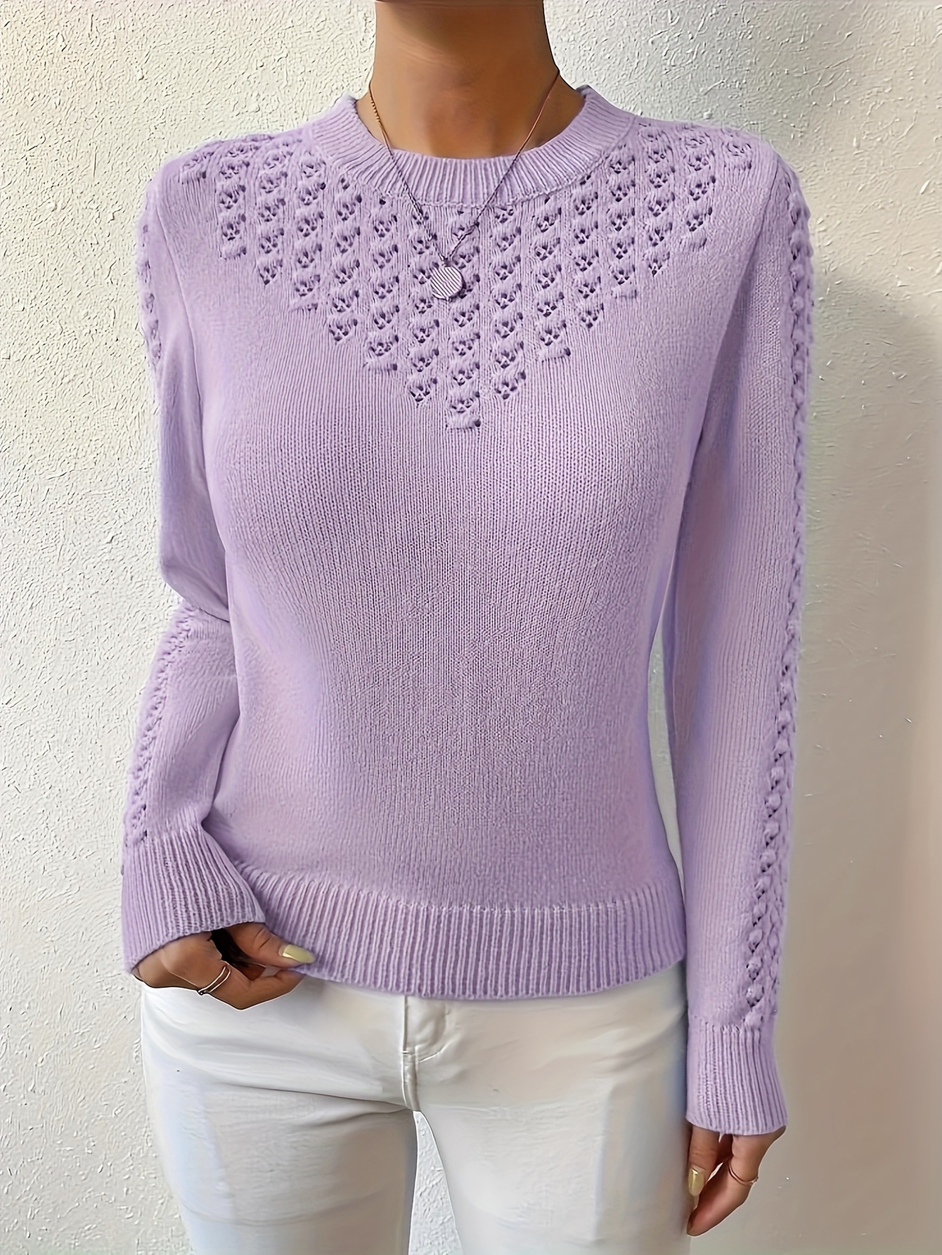 Solid-color Hollow-out Knit Crew-neck Long-sleeve Sweater photo 5
