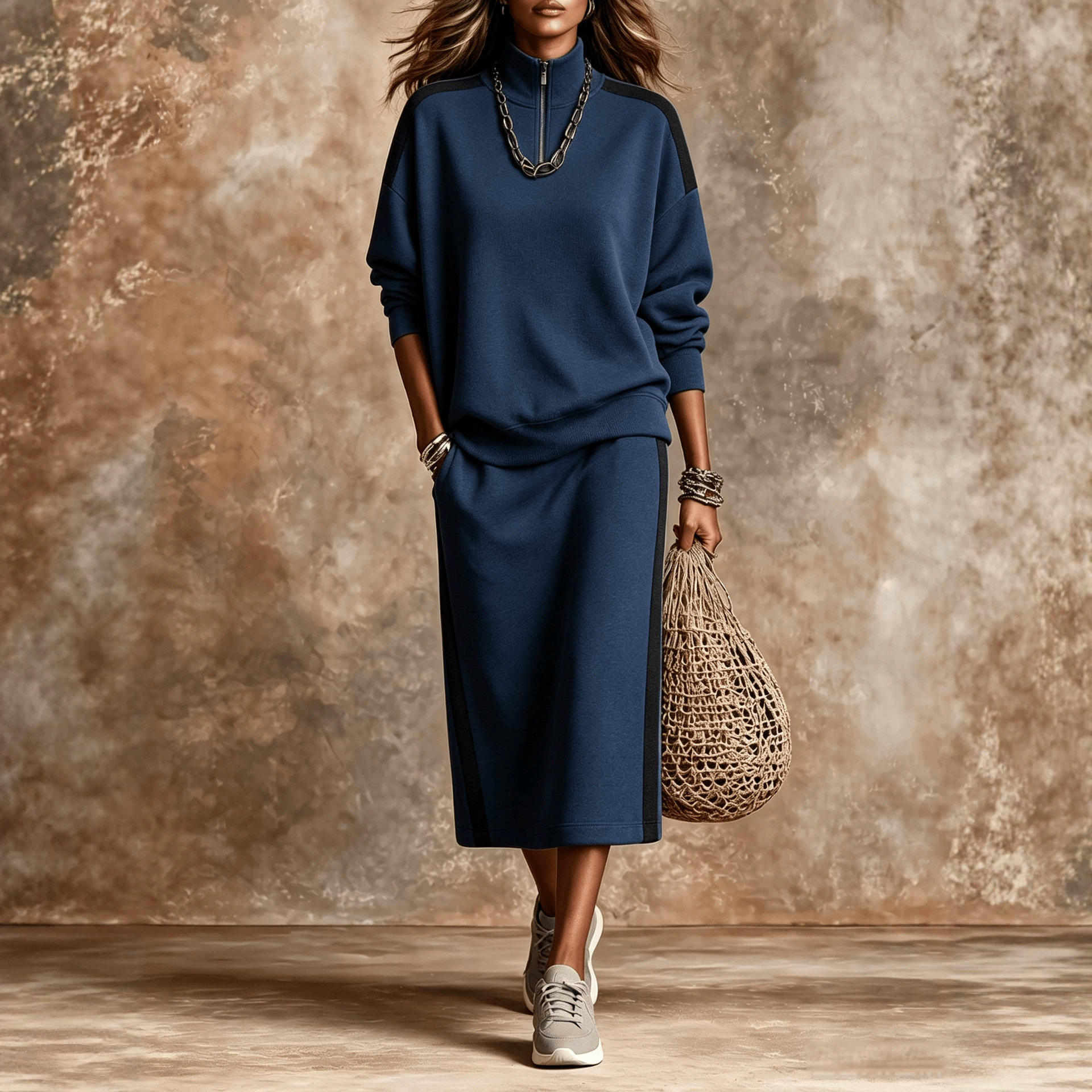New Fallwinter Casual Chic Color-block Half-zip Sweatshirt And Loose-fitting Womens Set photo 2