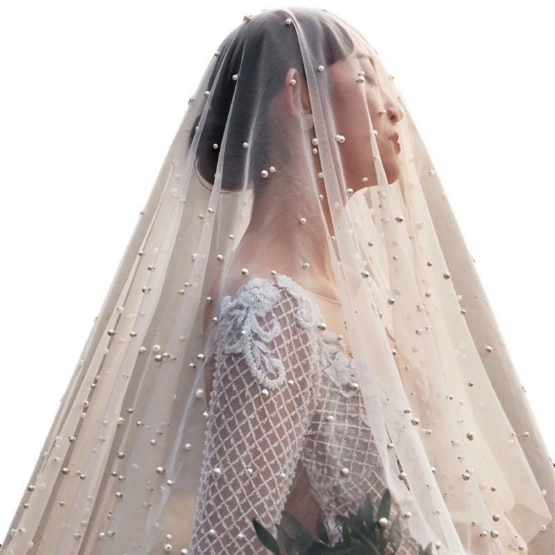 French Style Vintage Pearl Bridal Hair Accessory - Wedding Tulle Veil Headpiece for Brides photo 5