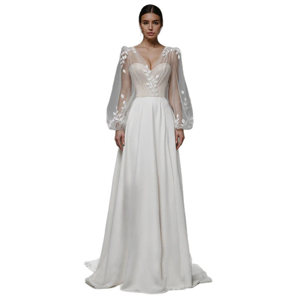 V-neck Sheer Bubble Long-sleeve Three-dimensional Floral Satin Wedding Dress photo 4