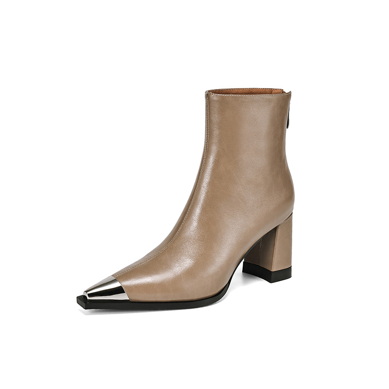 European And American-style Chic Metallic-stitched Pointed-toe Leather Ankle Boots photo 5