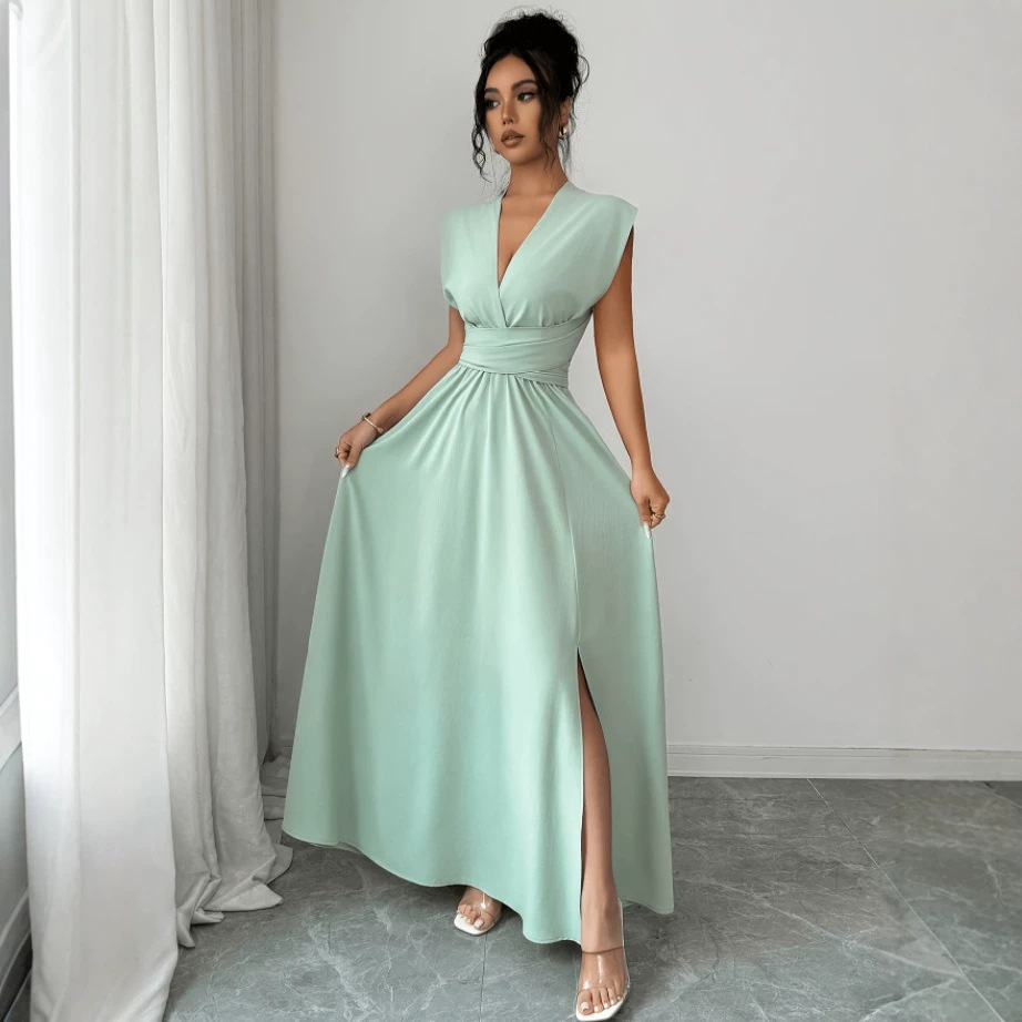 Elegant Solid-Color V-Neck Bow Long Dress For Women photo 5