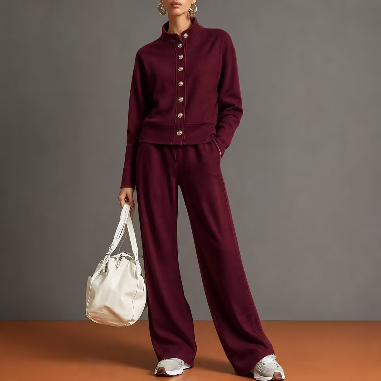 Stand-collar Cardigan And Wide-leg Pants Set photo 4