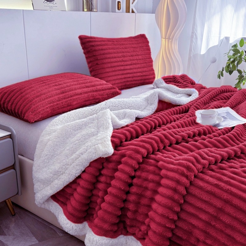 New Double-layer Striped Lambswool Flannel Blanket photo 6
