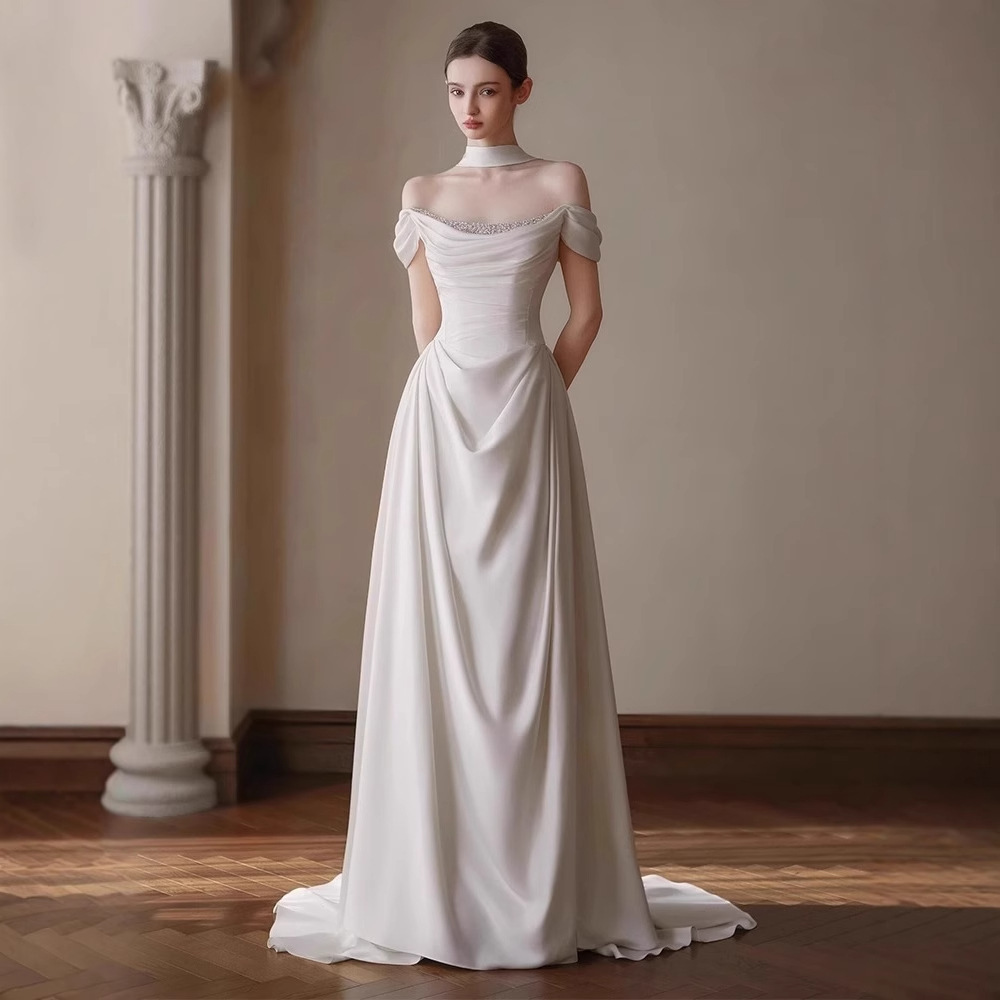 Off-the-shoulder Pleated Waist-cinching French Satin Light Wedding Dress photo 1