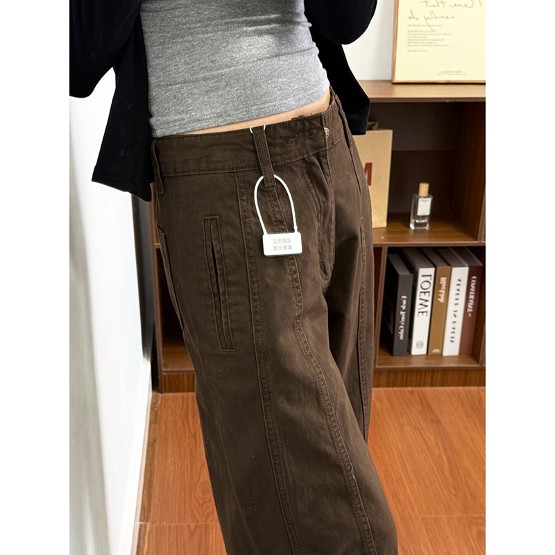 Women's High-waisted Straight-leg Wide-leg Denim Pants In Coffee Color photo 5