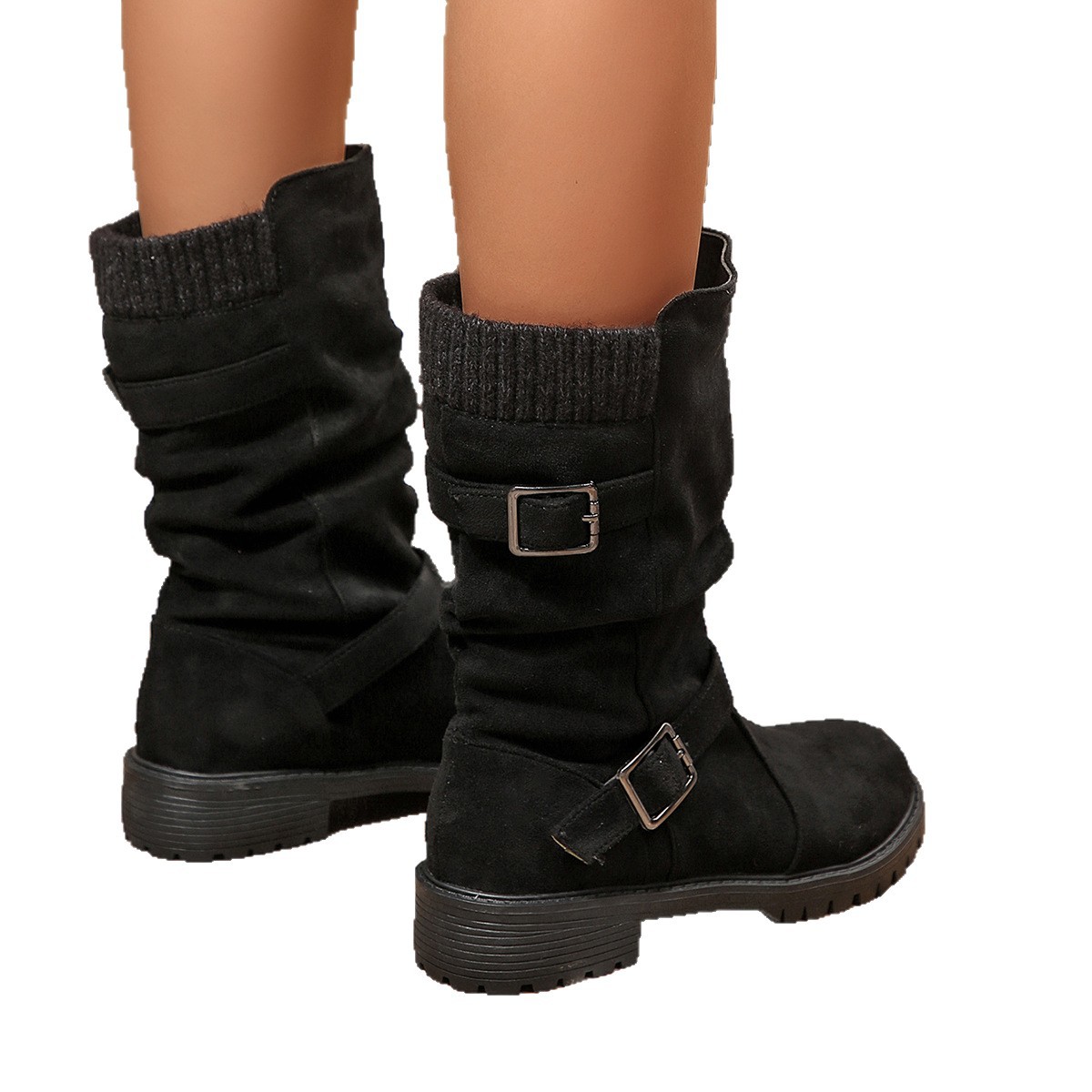 Cuffed Pleated Knit Ankle Boots With A Round Toe And Square Heel For Women photo 7