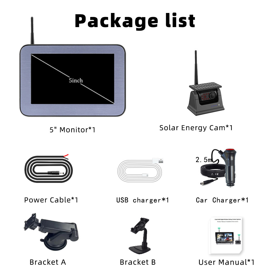 HD Wireless Solar Magnet Rearview Camera With AHD 5-inch Rear View Monitor photo 2