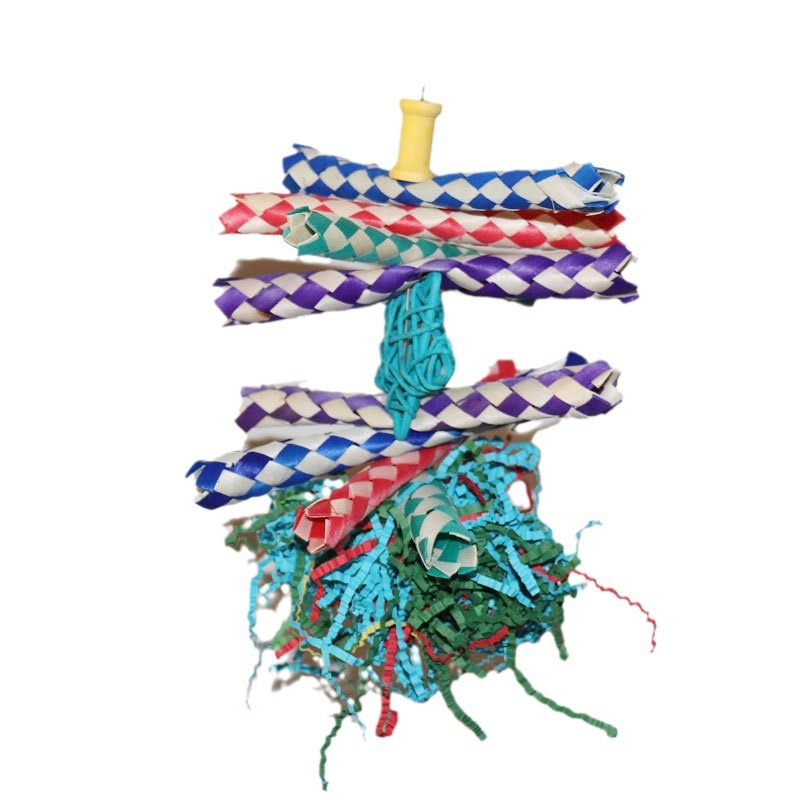 Colorful Shredded Paper And Rattan Weaving Wooden Gnawing Bird Cage Decoration photo 5