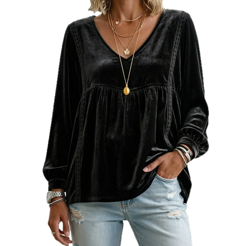 V-neck Lace Velvet Casual Loose-fitting Long-sleeve Top photo 4