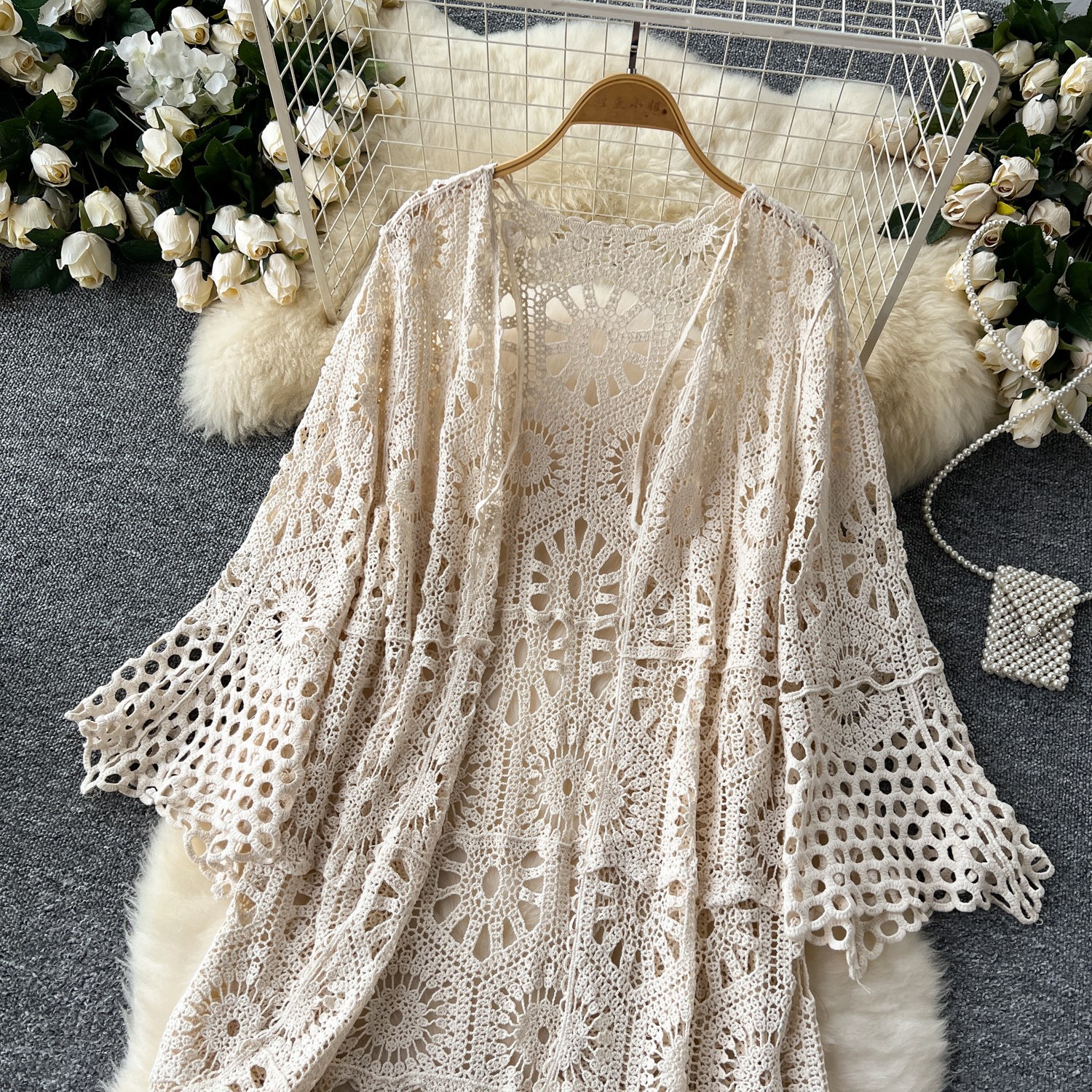 Versatile Slimming Hollow-out Crochet Knit Cardigan Womens Resort-style Outerwear Shawl photo 3