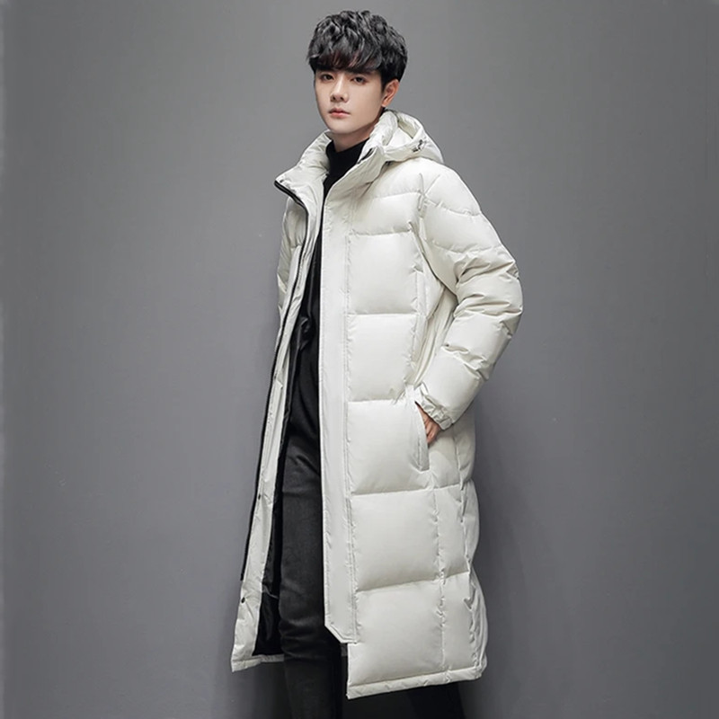 Mens Long Winter White Duck Down Hooded Coat That Goes Below The Knee photo 2