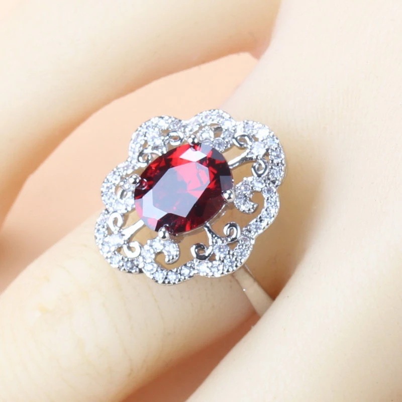 Garnet Cubic Zirconia Earrings Pendant Necklace Bracelet Ring Gift 4 PCs Set photo 5