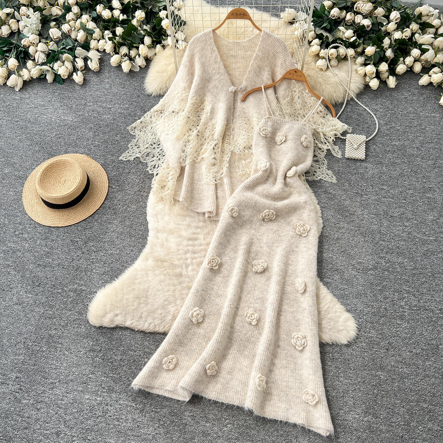 Lace-panel Cardigan And Camisole Dress Set With Three-dimensional Floral Accents photo 3