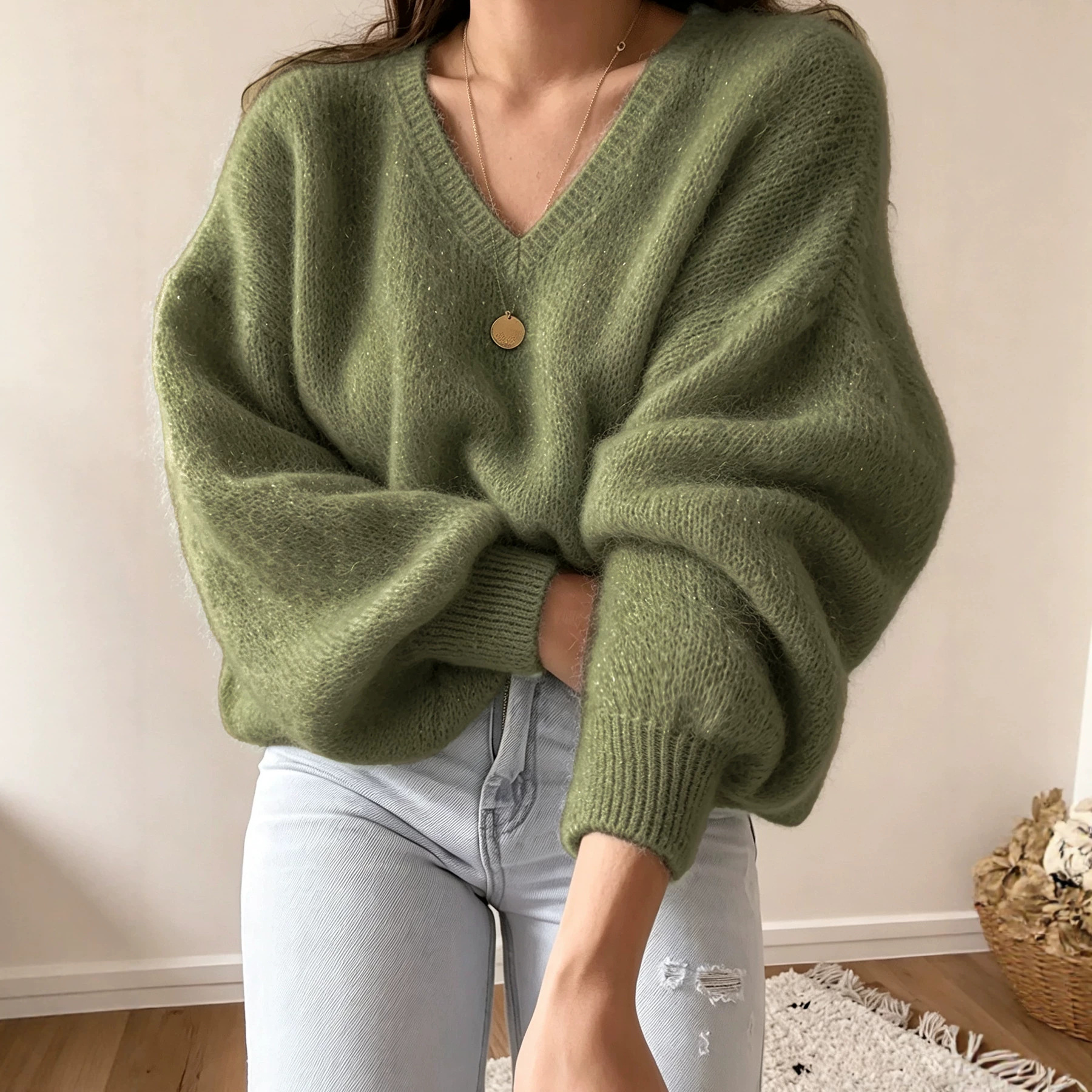 Lantern-sleeve Relaxed Casual-style Knitted Pullover photo 1