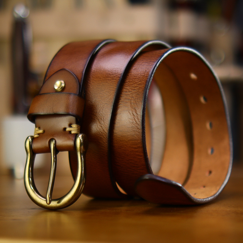 Thickened Full-grain Vintage Belt With Hand-stitched Detailing For Men photo 3
