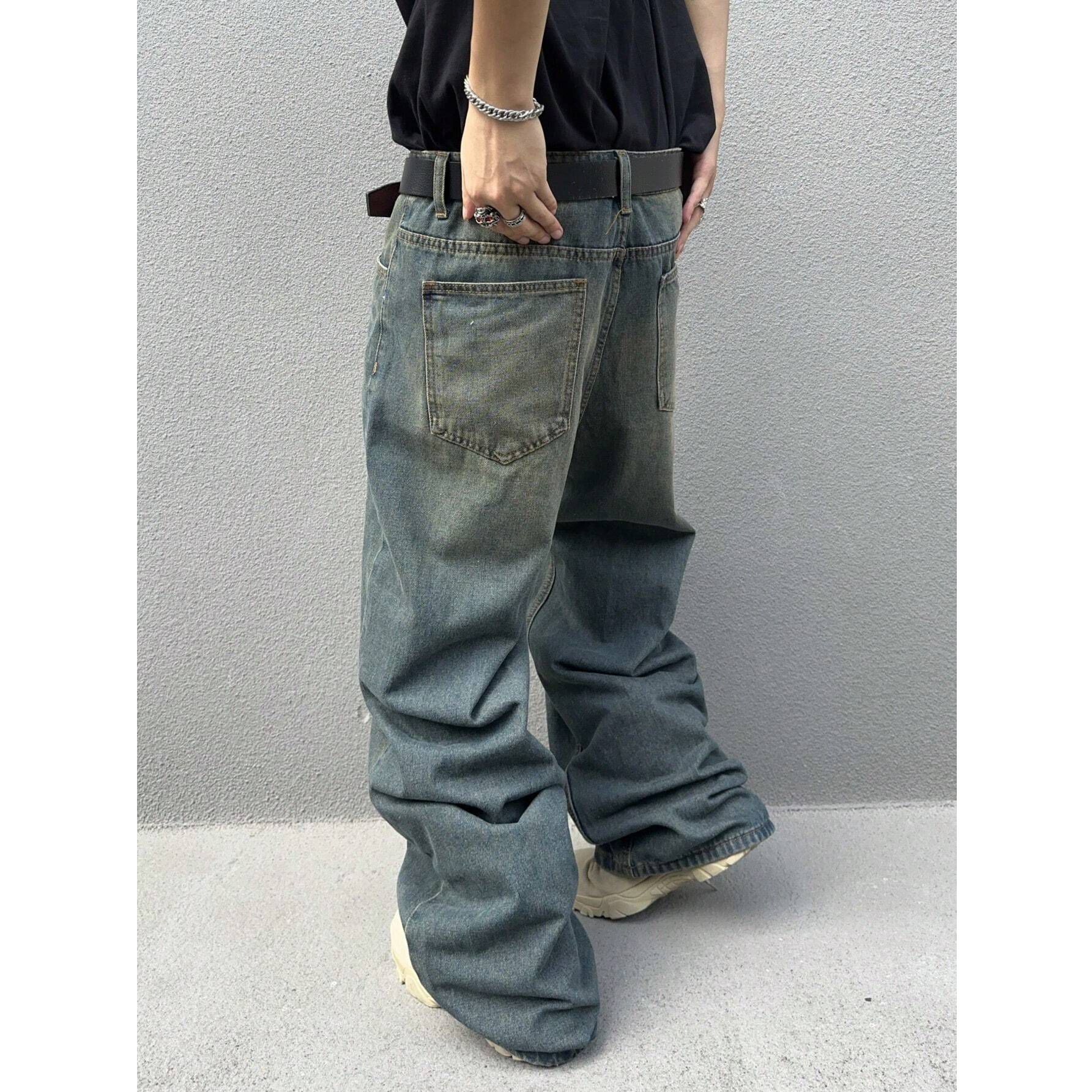Men's American-style Streetwear Vintage Washed Wide-leg Jeans photo 5