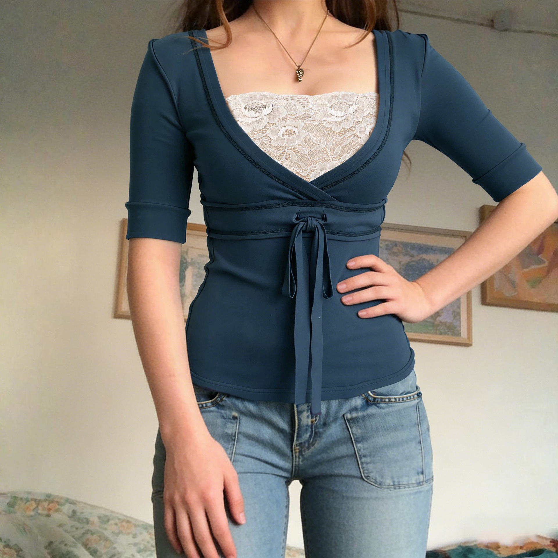 Retro Lace-matched Faux Two-piece Contrast-color Short-sleeved Top photo 5