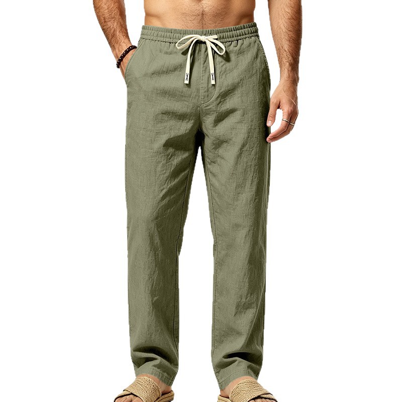 Mens Straight Leg Solid Color Casual Linen Pants With Drawstring And Elastic Waist photo 3