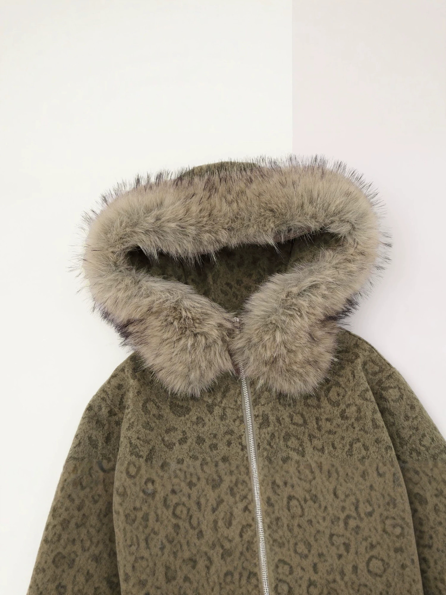 Maillard Brown Leopard-print Large Fur-hooded Coat photo 2