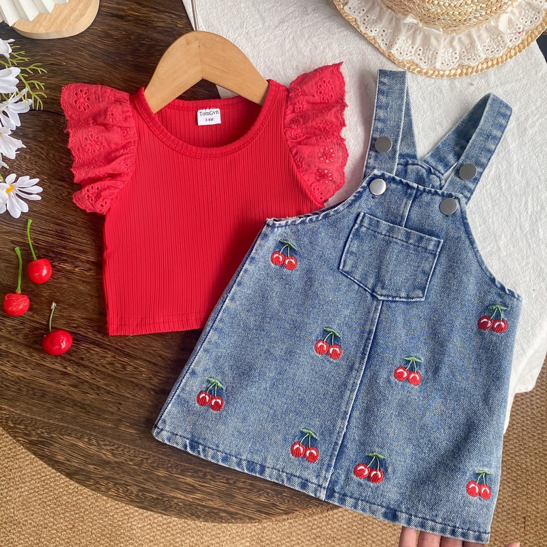 Baby Girl T-Shirt Denim Embroidered Suspender Dress Set photo 1