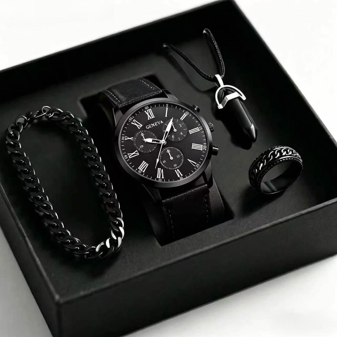 Mens Quartz Watch Necklace Bracelet Set photo 6