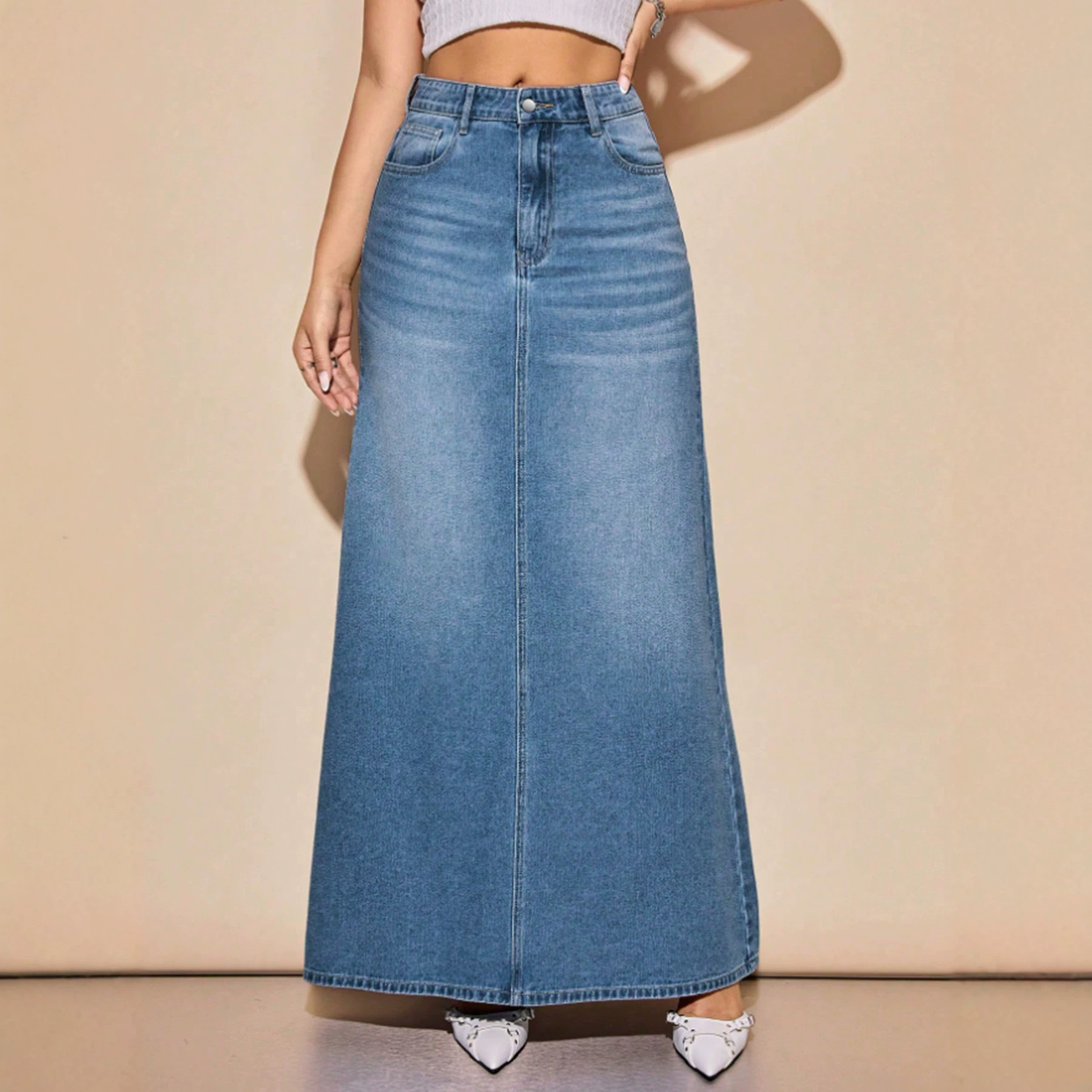 Women's Washed, Bleached Light Blue Versatile Loose Casual Denim Long Skirt photo 2
